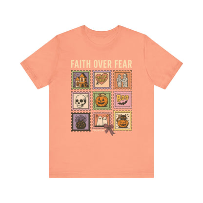 Faith Over Fear Shirt, Christian Halloween Stamp T-Shirt, Religious Spooky Season Tee
