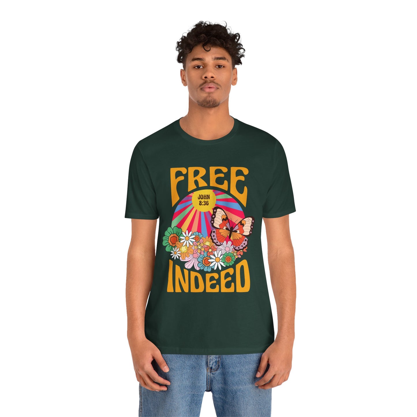 Free Indeed Shirt – Retro Flowers & Butterflies 80s John 8:36 Christian Tee