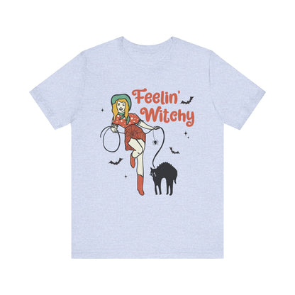 Feelin’ Witchy Shirt Vintage Pin-Up Witch & Black Cat Halloween Tee