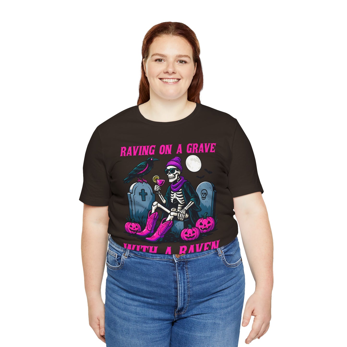Raving on a Grave Shirt – Halloween Skeleton Raven Gothic Party Tee