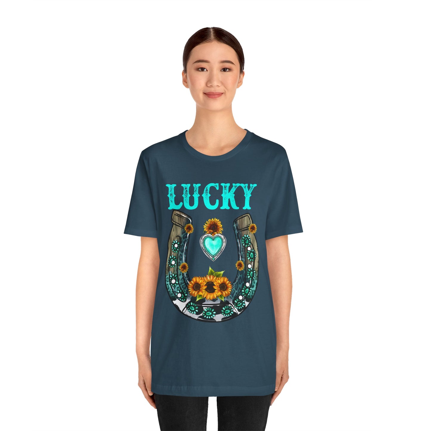Horse Shoe Lucky Shirt – Western Turquoise Gemstone Texas Sunflowers Tee