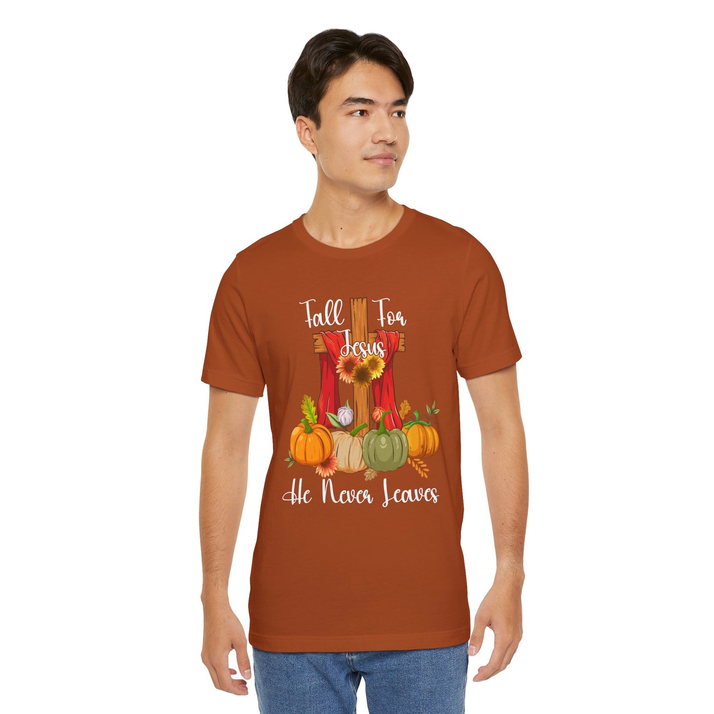 Fall for Jesus He Never Leaves Shirt – Retro Christian Thanksgiving Faith Tee