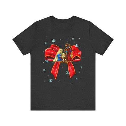 Nativity Scene Christmas Shirt – Coquette Bow Faith Tee, Jesus Holiday Pajama Top