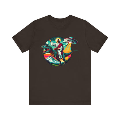 Jesus Riding Dinosaur Shirt – UFO Alien Cross Retro Christian God Tee