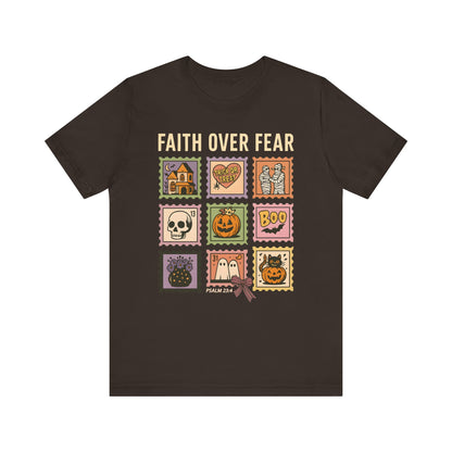 Faith Over Fear Shirt, Christian Halloween Stamp T-Shirt, Religious Spooky Season Tee
