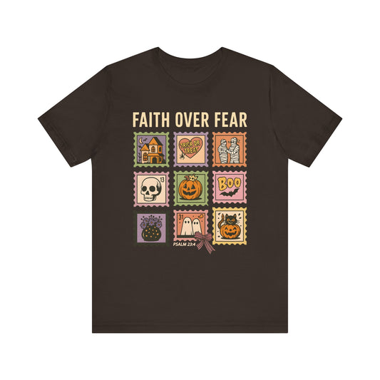 Faith Over Fear Shirt, Christian Halloween Stamp T-Shirt, Religious Spooky Season Tee