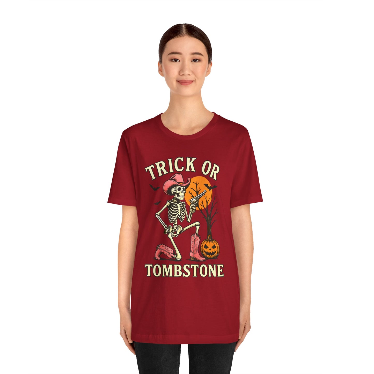 Trick or Tombstone Shirt Funny Skeleton Cowboy Halloween Tee, Spooky Western Rodeo Outfit