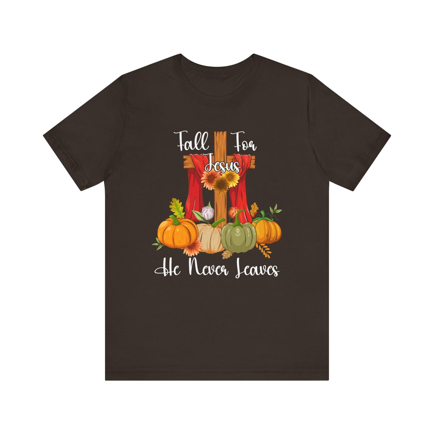 Fall for Jesus He Never Leaves Shirt – Retro Christian Thanksgiving Faith Tee
