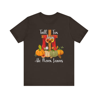 Fall for Jesus He Never Leaves Shirt – Retro Christian Thanksgiving Faith Tee
