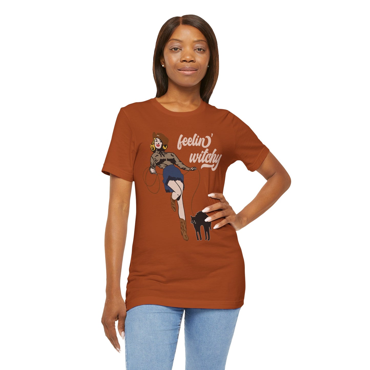 Feeling Witchy Shirt – Vintage Pin-Up Girl & Black Cat Halloween Tee