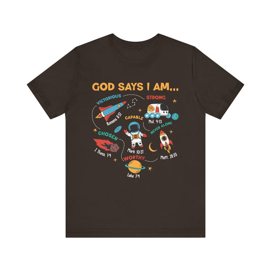 God Says I Am Kids Shirt – Christian Astronaut Space Galaxy Bible Affirmation Tee