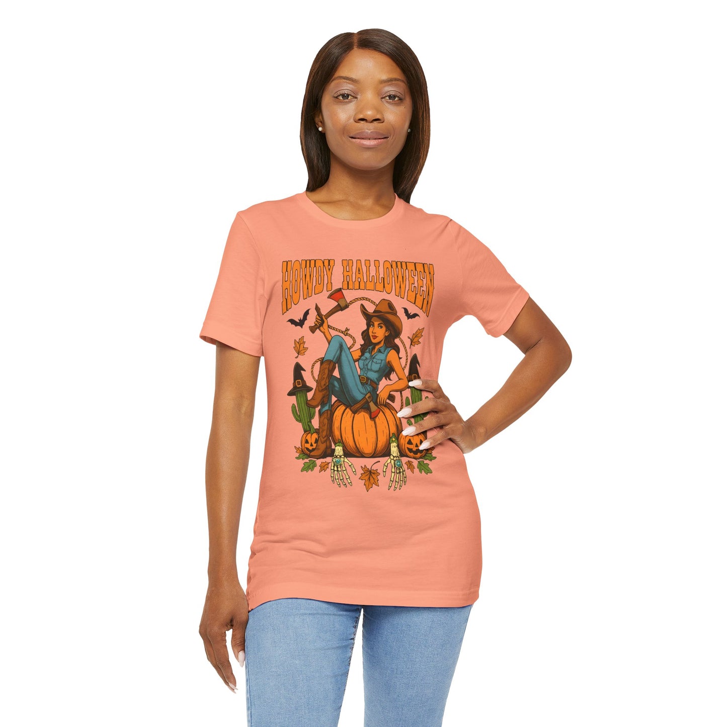 Howdy Halloween Shirt – Cowgirl on Pumpkin Tee with Skeleton Hands