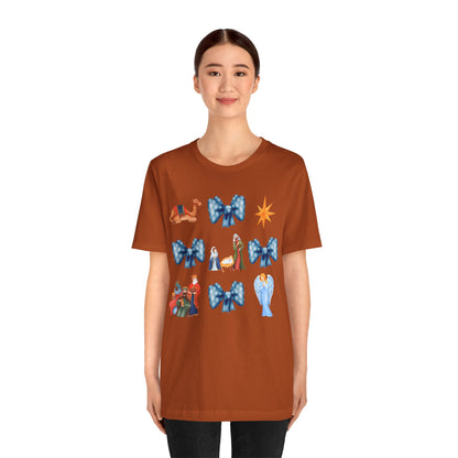 Nativity Scene Coquette Bow Shirt – Cute Christian Christmas Faith Holiday Tee