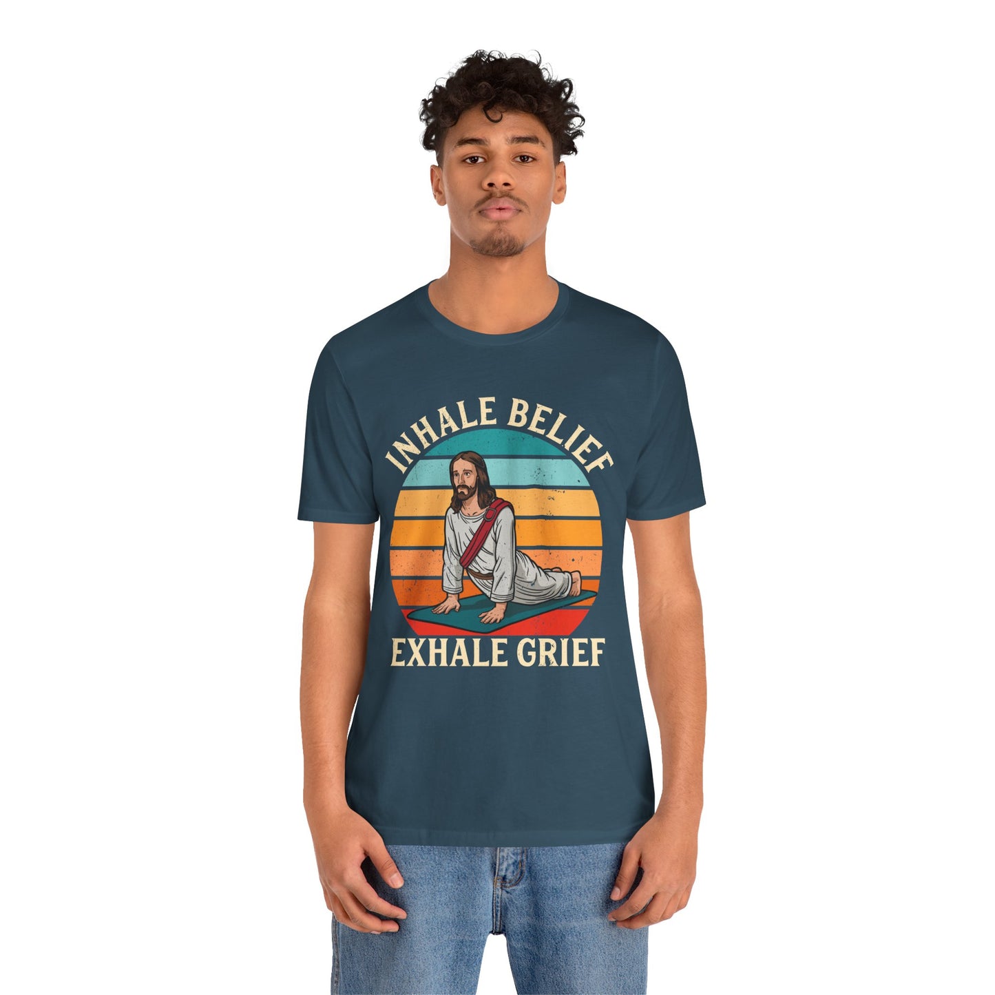 Jesus Inhale Belief Exhale Grief Shirt – Christian Yoga Retro Faith Wellness Tee
