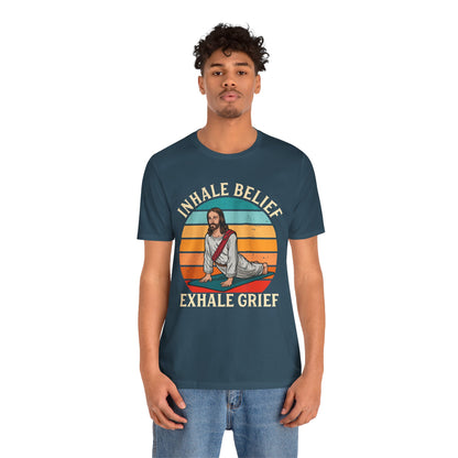 Jesus Inhale Belief Exhale Grief Shirt – Christian Yoga Retro Faith Wellness Tee