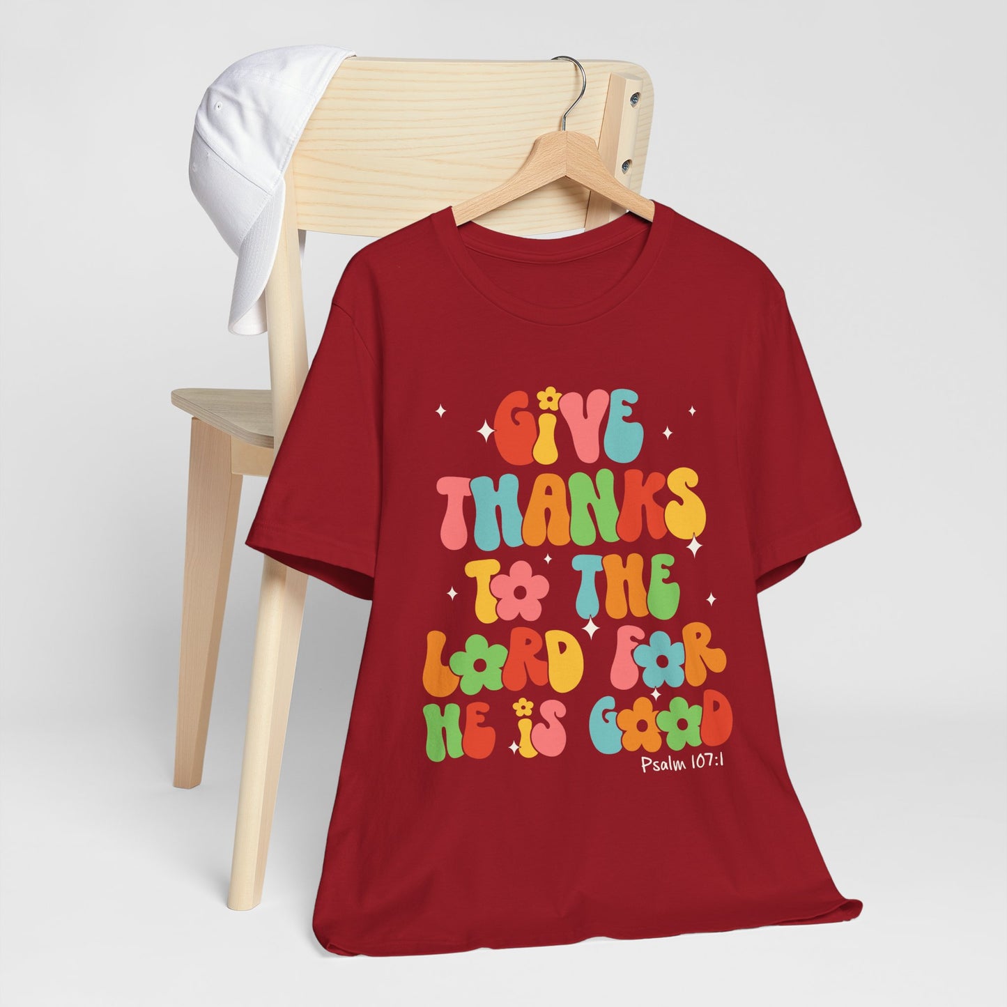 Give Thanks to the Lord Shirt – Groovy Psalm 107:1 Christian Bible Verse Tee