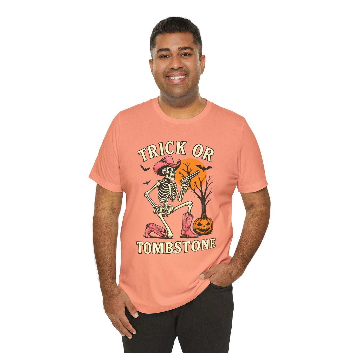 Trick or Tombstone Shirt Funny Skeleton Cowboy Halloween Tee, Spooky Western Rodeo Outfit