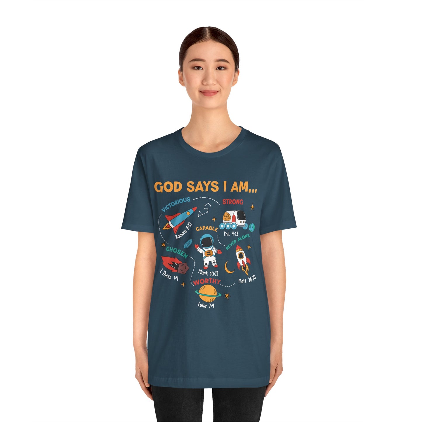 God Says I Am Kids Shirt – Christian Astronaut Space Galaxy Bible Affirmation Tee