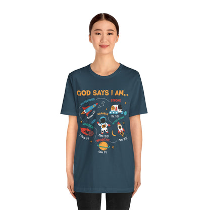 God Says I Am Kids Shirt – Christian Astronaut Space Galaxy Bible Affirmation Tee