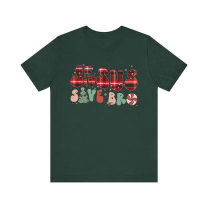 Groovy Jesus Saves Bro Shirt – Retro Red Plaid Christian Christmas Tee