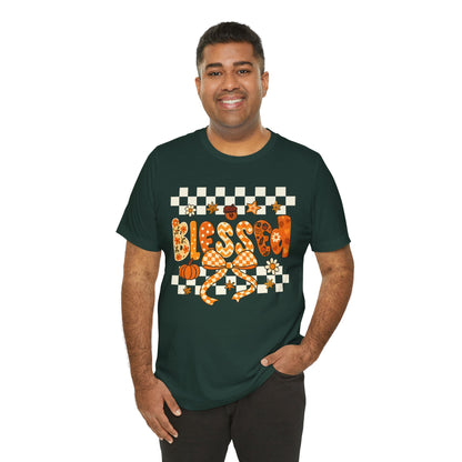 Blessed Checkerboard Pumpkin Shirt – Christian Thankful Fall Thanksgiving Tee