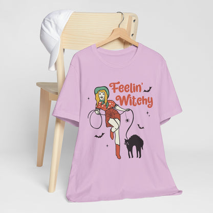 Feelin’ Witchy Shirt Vintage Pin-Up Witch & Black Cat Halloween Tee