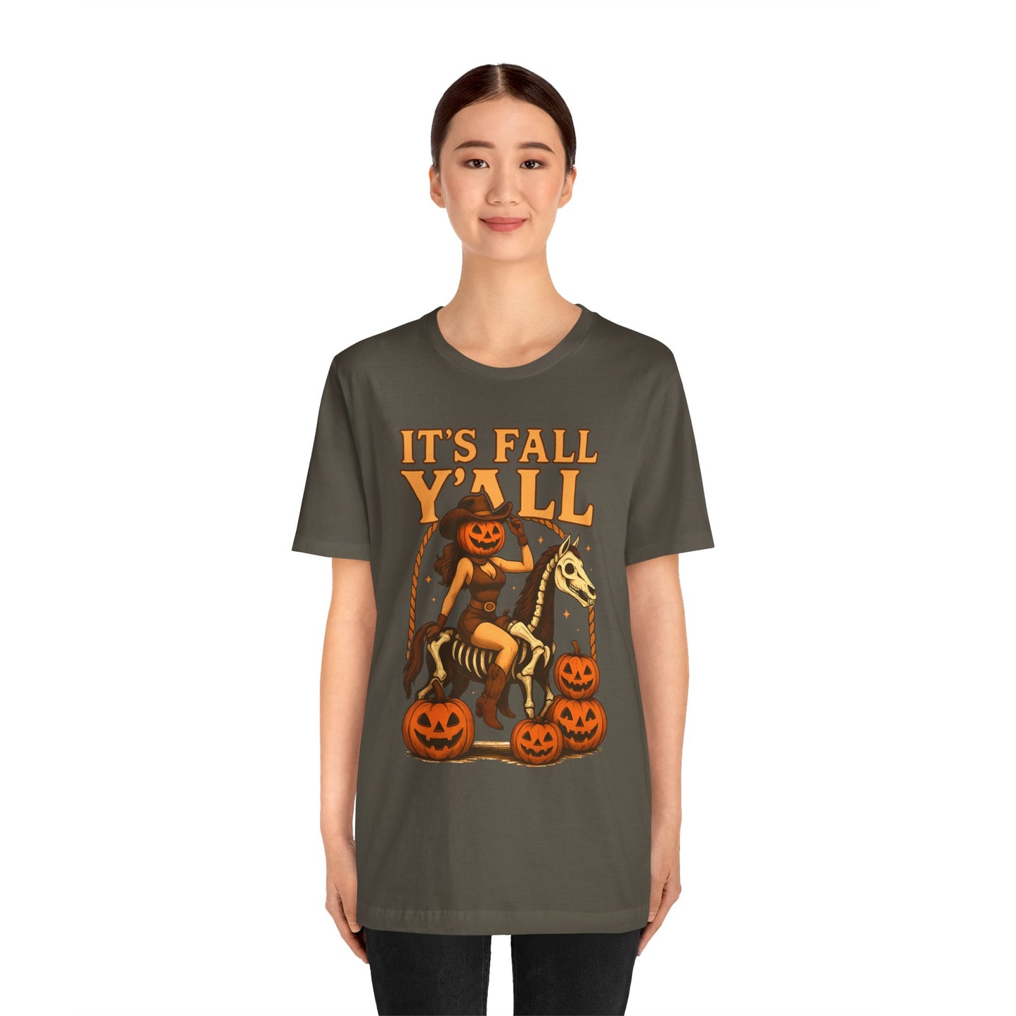 It’s Fall Y’all Shirt – Pumpkin Head Cowgirl Skeleton Horse Western Tee