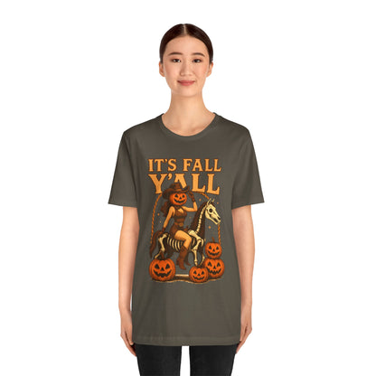 It’s Fall Y’all Shirt – Pumpkin Head Cowgirl Skeleton Horse Western Tee
