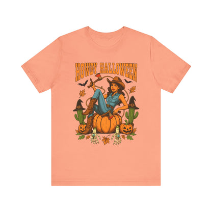 Howdy Halloween Shirt – Cowgirl on Pumpkin Tee with Skeleton Hands