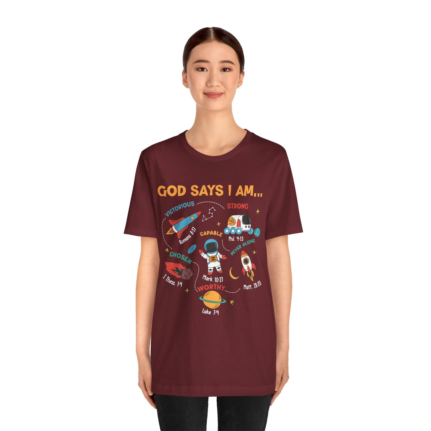 God Says I Am Kids Shirt – Christian Astronaut Space Galaxy Bible Affirmation Tee
