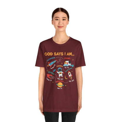God Says I Am Kids Shirt – Christian Astronaut Space Galaxy Bible Affirmation Tee