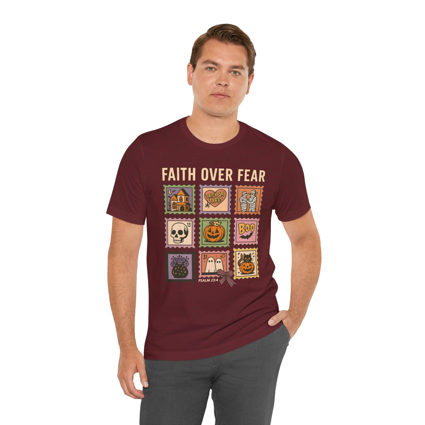 Faith Over Fear Shirt, Christian Halloween Stamp T-Shirt, Religious Spooky Season Tee