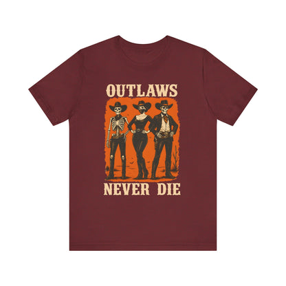 Outlaws Never Die Shirt – Gothic Western Skeleton Cowboy Halloween Tee