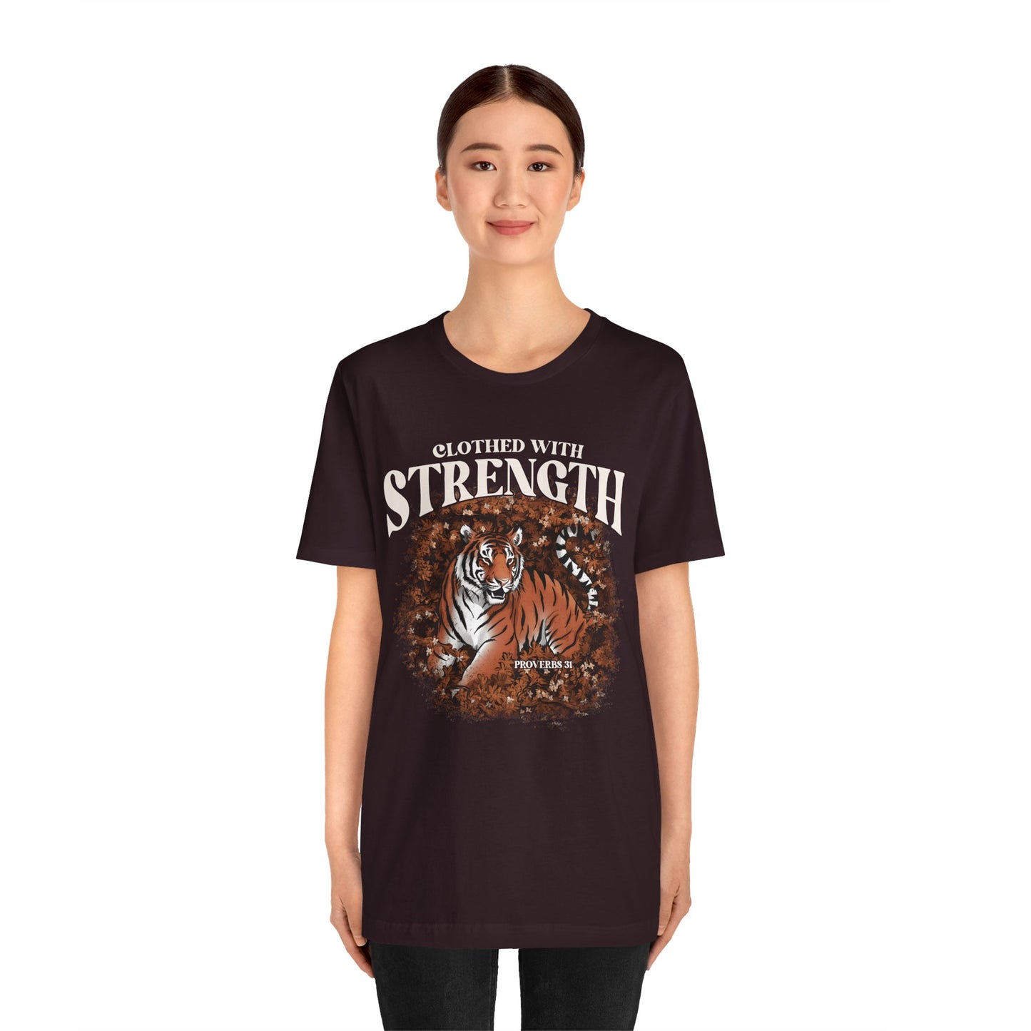 Clothed With Strength Shirt – Christian Tiger Cherry Blossom Proverbs 31:25 Tee