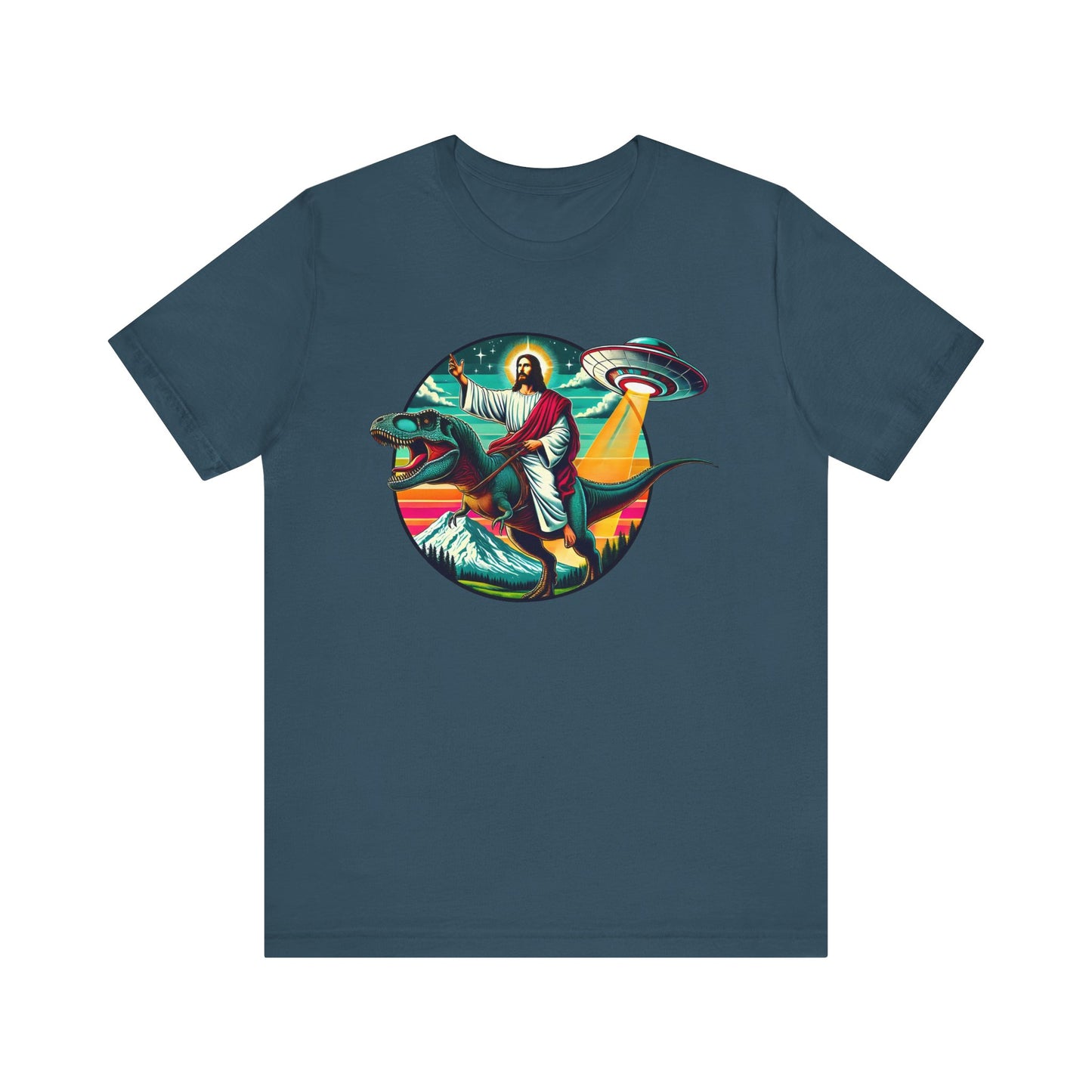 Jesus Riding Dinosaur Shirt – UFO Alien Cross Retro Christian God Tee