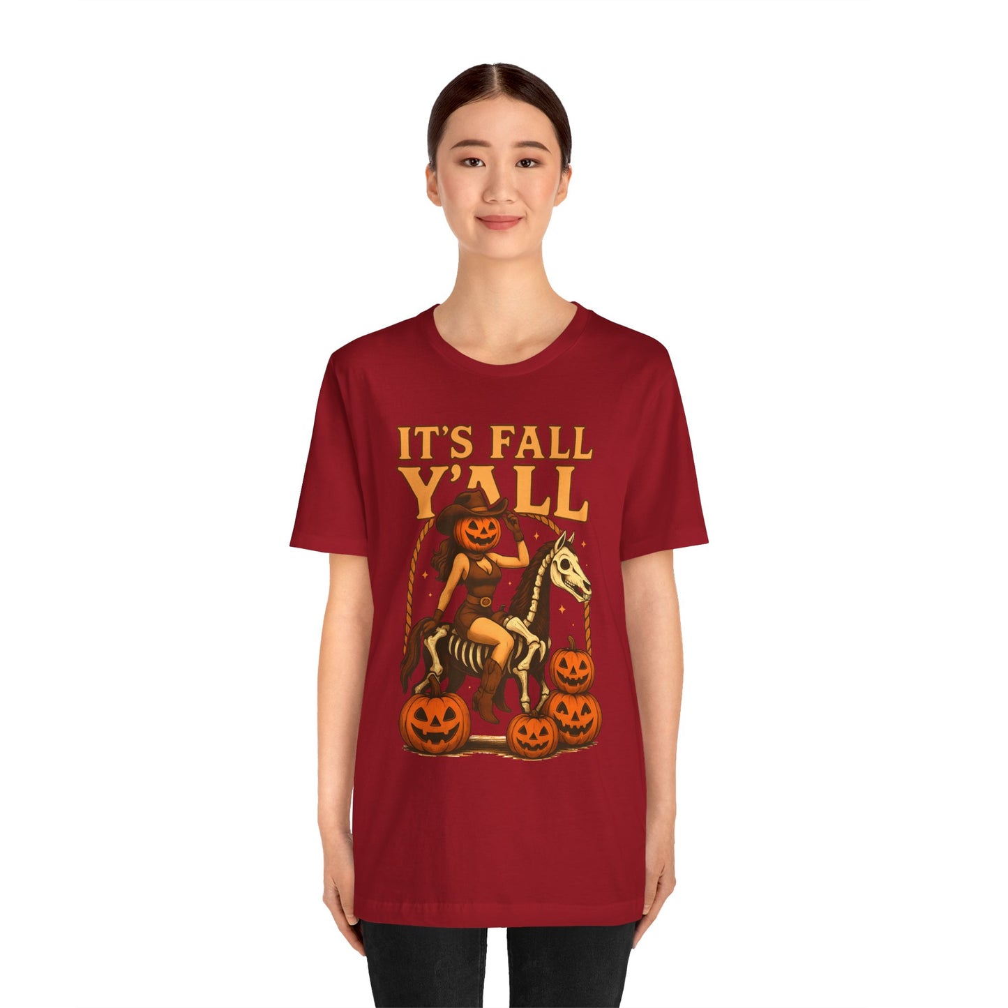 It’s Fall Y’all Shirt – Pumpkin Head Cowgirl Skeleton Horse Western Tee