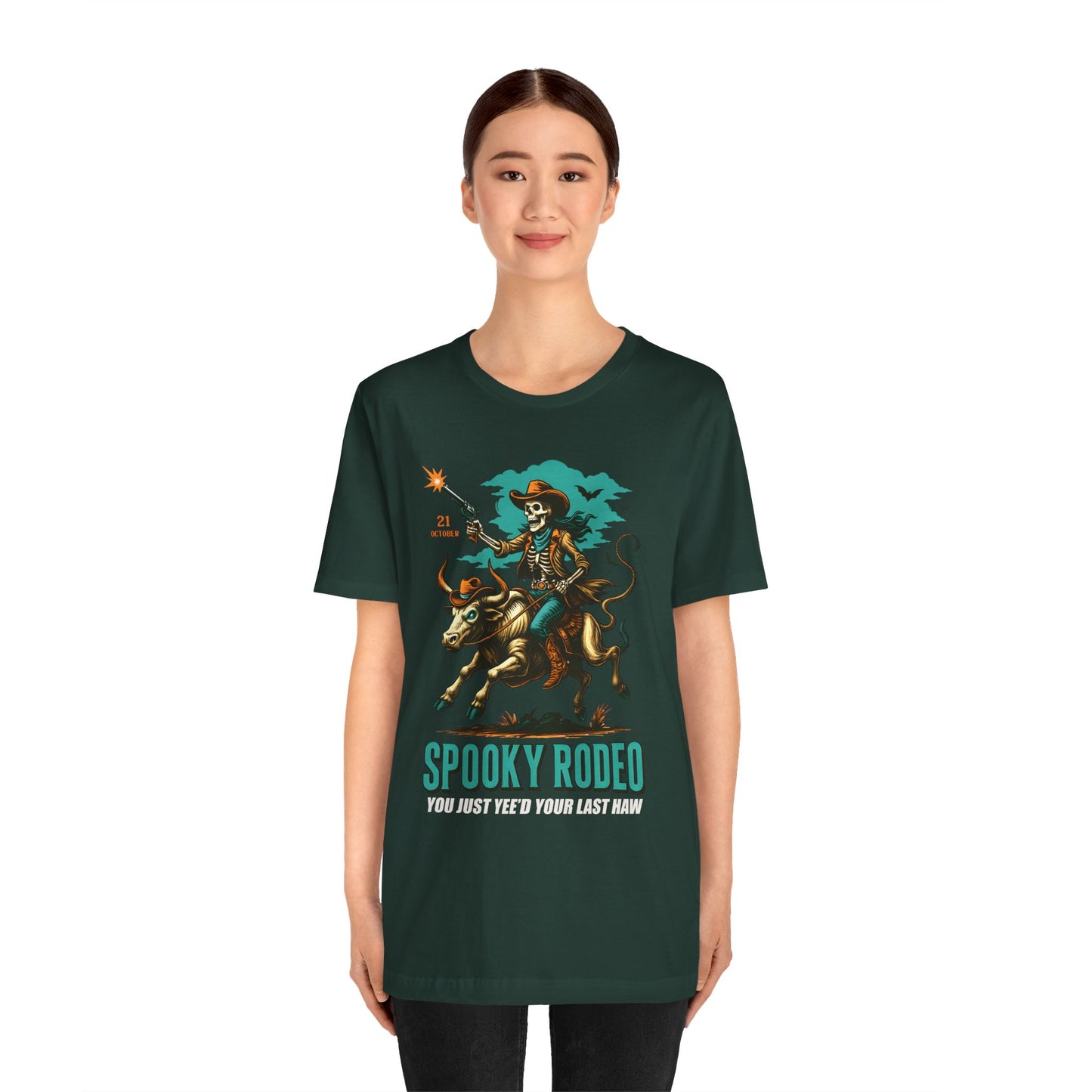 Spooky Rodeo Shirt Skeleton Cowboy Halloween Tee, Western Bull Rider Graphic for Fall