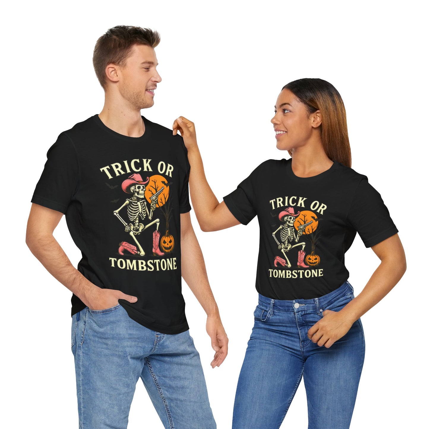 Trick or Tombstone Shirt Funny Skeleton Cowboy Halloween Tee, Spooky Western Rodeo Outfit