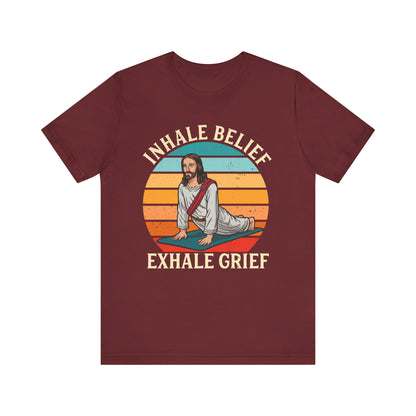 Jesus Inhale Belief Exhale Grief Shirt – Christian Yoga Retro Faith Wellness Tee