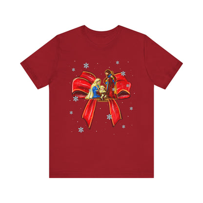 Nativity Scene Christmas Shirt – Coquette Bow Faith Tee, Jesus Holiday Pajama Top