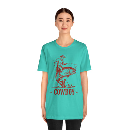 Cowboy Riding a Giant Fish Shirt – Vintage Western Fishing Rodeo Tee