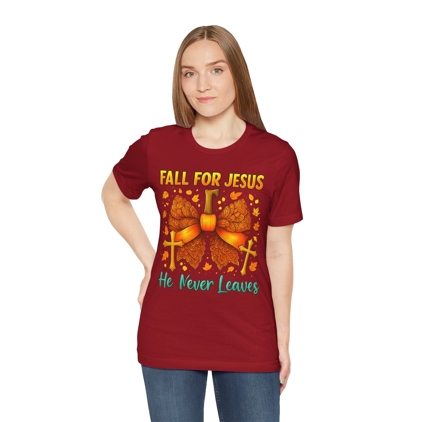 Fall for Jesus He Never Leaves Shirt – Christian Pumpkin Bow Thanksgiving Tee