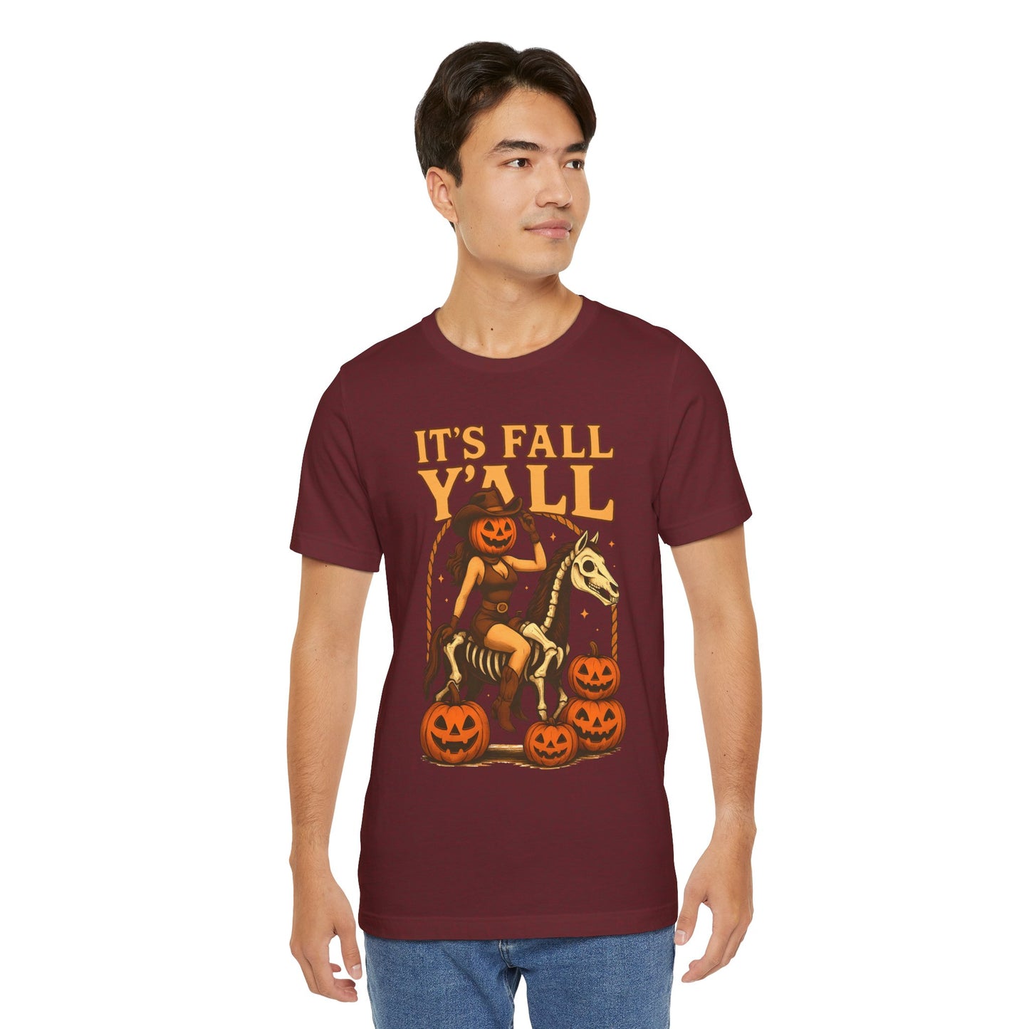It’s Fall Y’all Shirt – Pumpkin Head Cowgirl Skeleton Horse Western Tee