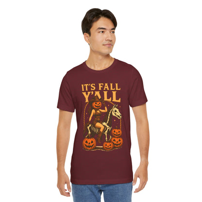 It’s Fall Y’all Shirt – Pumpkin Head Cowgirl Skeleton Horse Western Tee