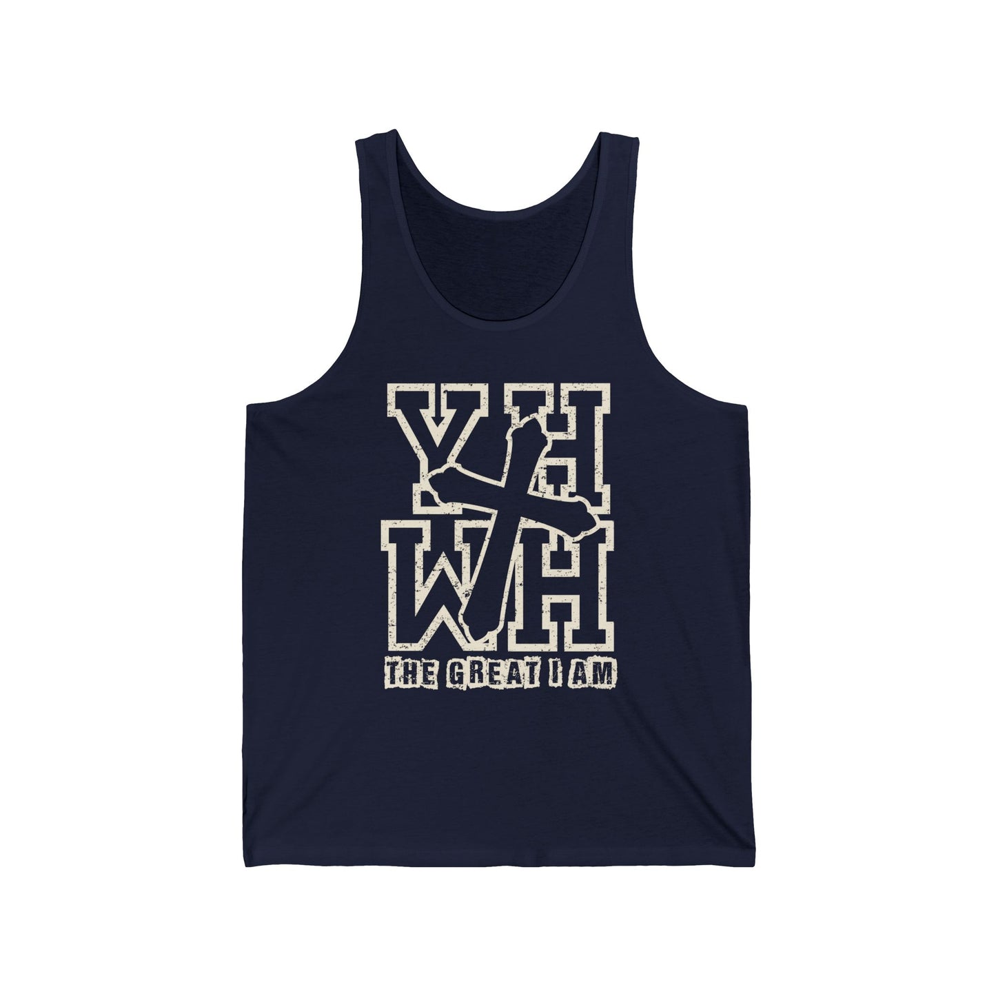 YHWH Bold Cross Tank – The Great I Am Distressed Christian Faith Unisex Jersey