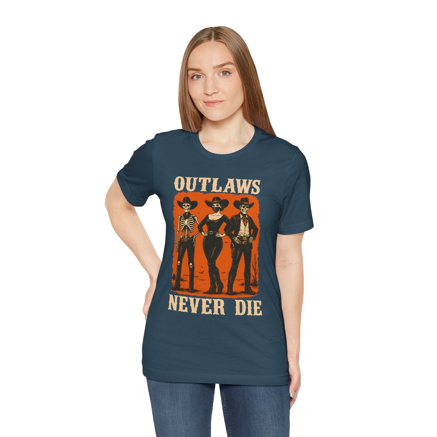 Outlaws Never Die Shirt – Gothic Western Skeleton Cowboy Halloween Tee