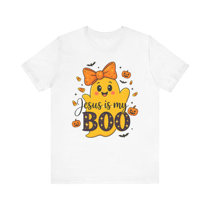 Jesus Is My Boo Shirt – Cute Christian Ghost with Bow Halloween Faith Tee