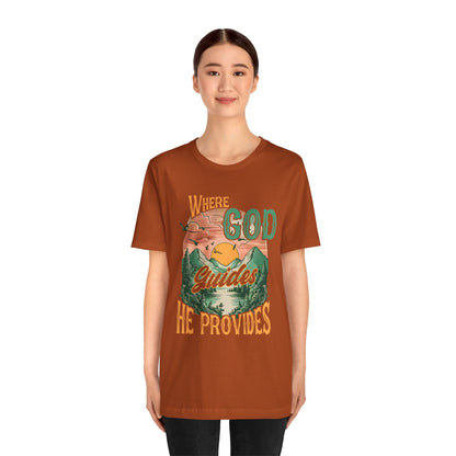 Where God Guides He Provides Shirt – Mountain Sunset Retro Christian Tee