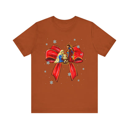 Nativity Scene Christmas Shirt – Coquette Bow Faith Tee, Jesus Holiday Pajama Top