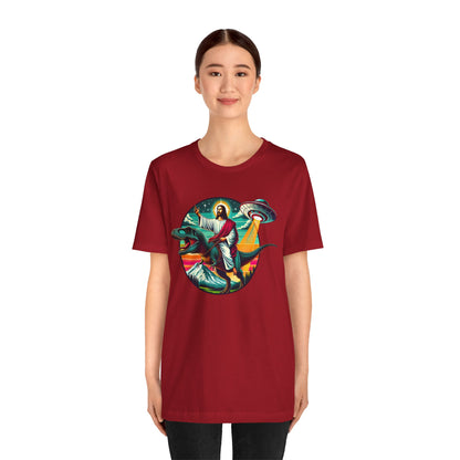 Jesus Riding Dinosaur Shirt – UFO Alien Cross Retro Christian God Tee